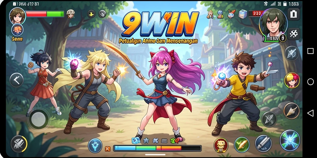 Tampilan gameplay 9WIN yang penuh aksi dan karakter unik.