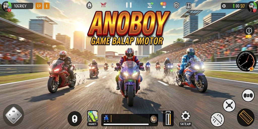 Tampilan gameplay menegangkan ANOBOY saat balapan motor.