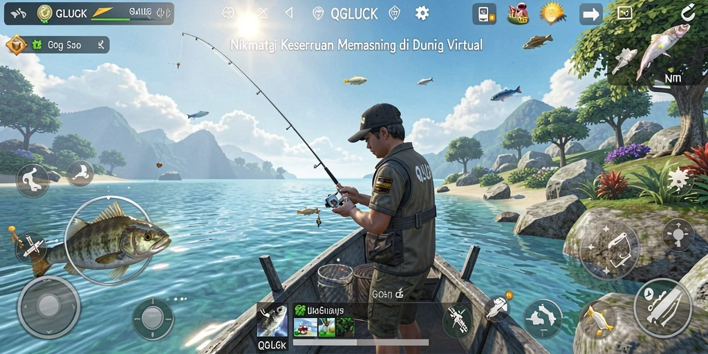 Screenshot utama QGLUCK menampilkan gameplay memancing yang imersif.